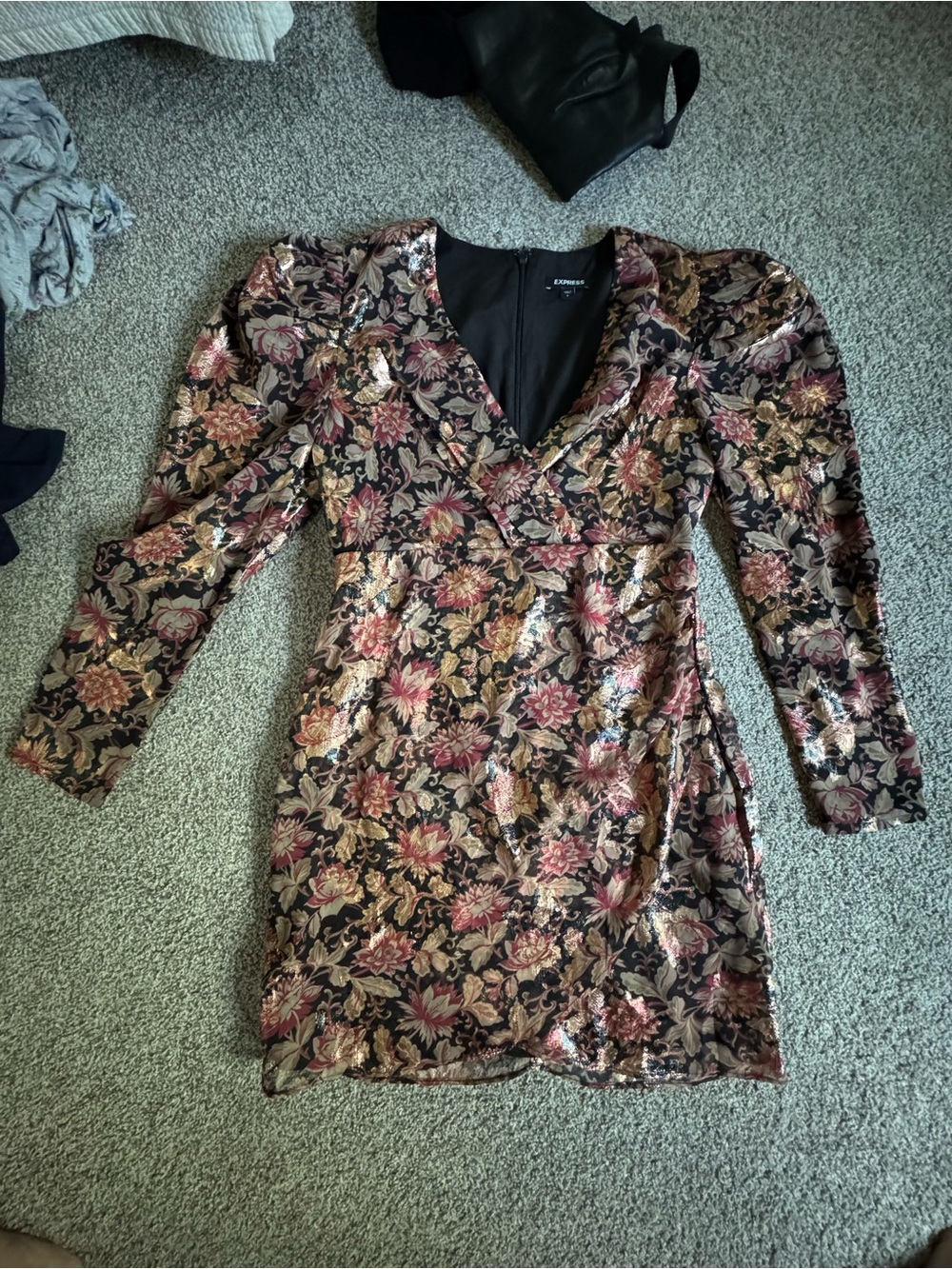 Express Metallic Floral Wrap-Style Long Sleeve Dress in Black, Pink, Gold